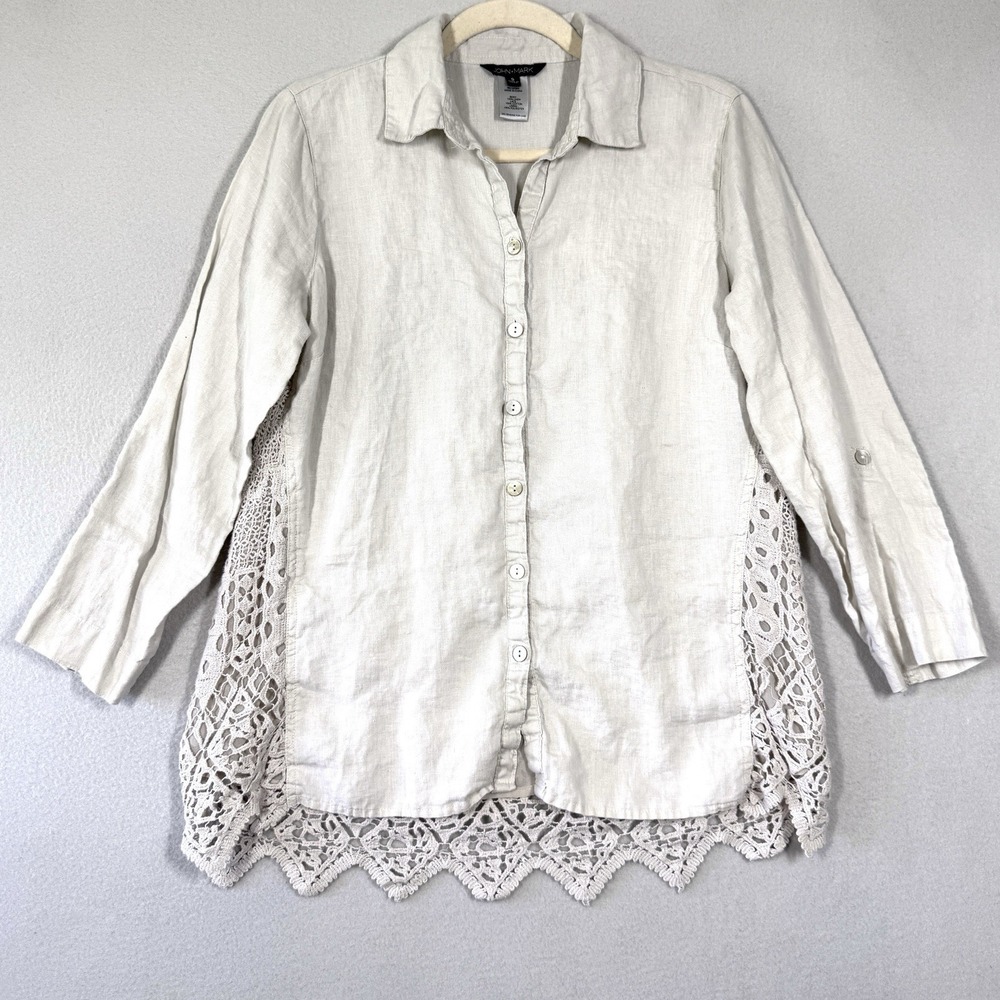 John Mark Top Womens Small Linen Crochet Back Button Up Roll Tab Coastal Resort